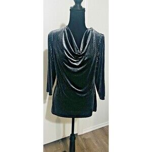 TAHARI Drape Neckline Textured Soft Velour 3/4 Sleeve Top Grey Sz M Holiday Cozy